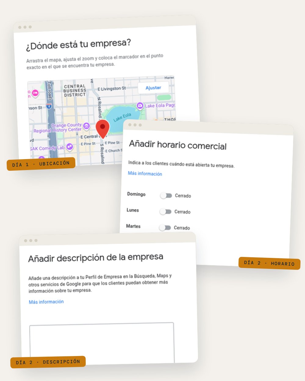 Collage de pantallas reales de Google: ubicación, horario y descripción