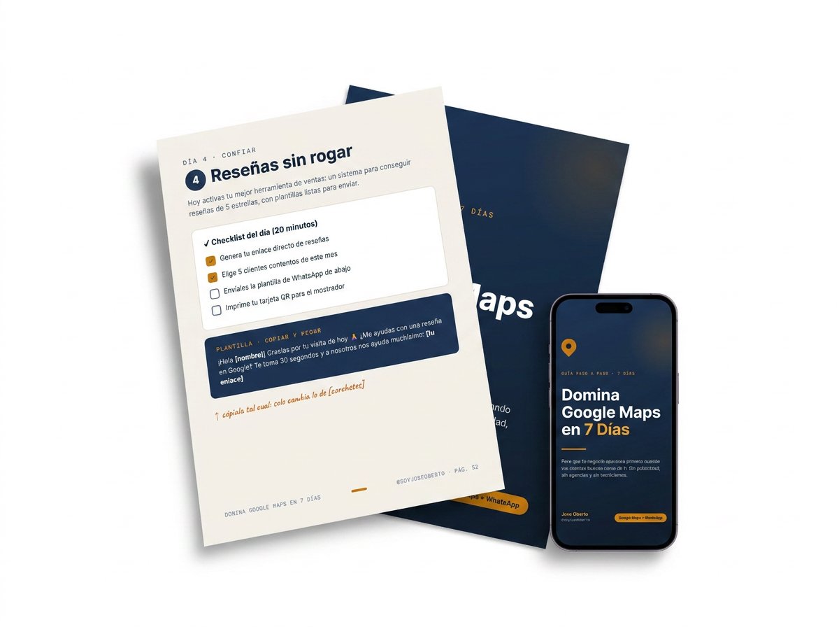 Páginas interiores de la guía: checklist del día 4 con plantilla de WhatsApp, portada y celular